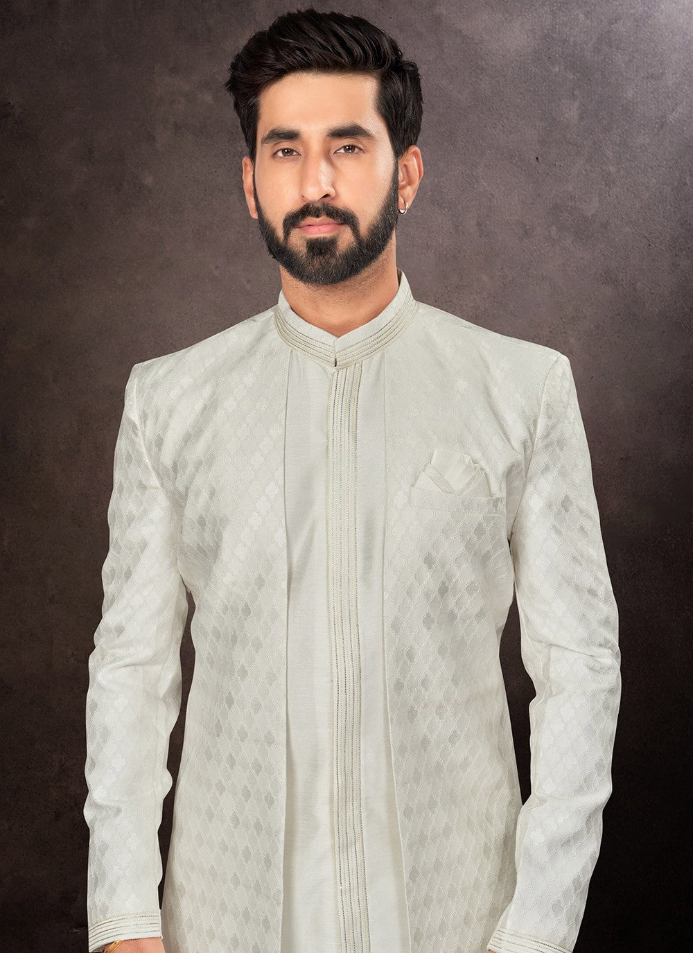 Fancy Work Jacquard Off White Indo Western - M7237