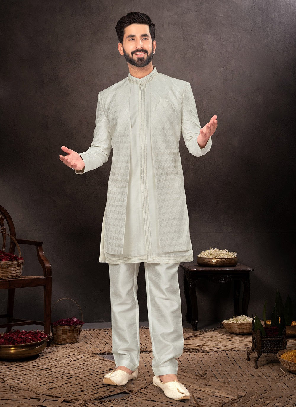 Fancy Work Jacquard Off White Indo Western - M7237