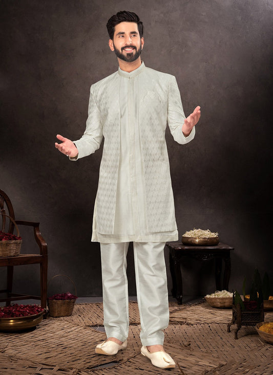 Fancy Work Jacquard Off White Indo Western - M7237