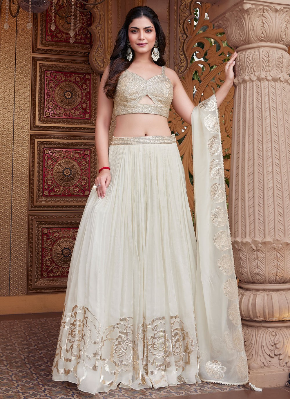 Jacquard Work Georgette Off White Lehenga - L3401
