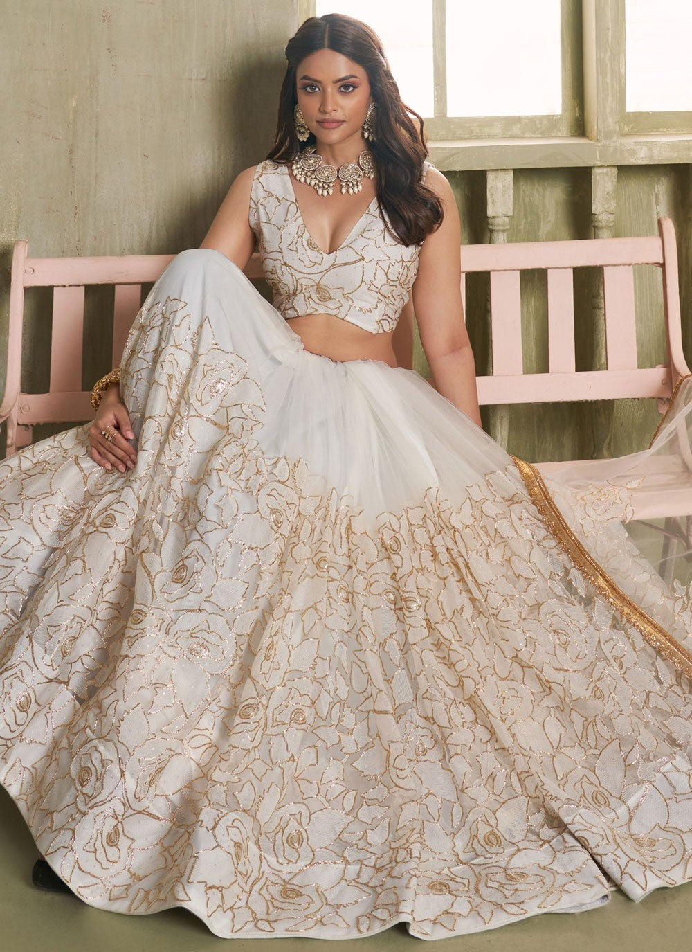 Embroidered Net Off White Lehenga - L3308