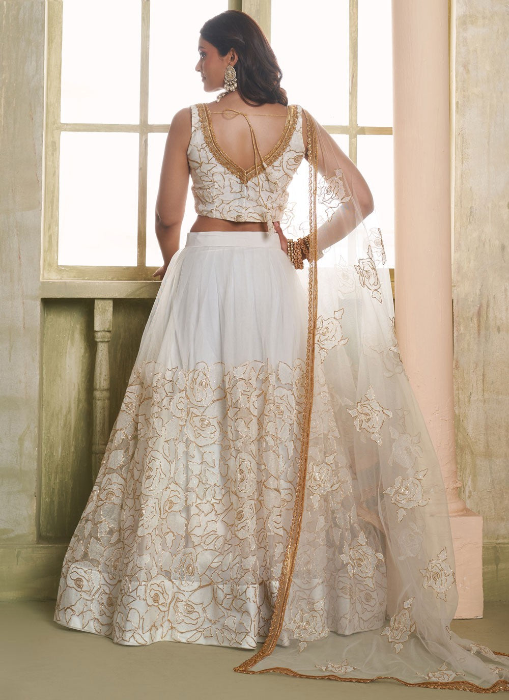 Embroidered Net Off White Lehenga - L3308