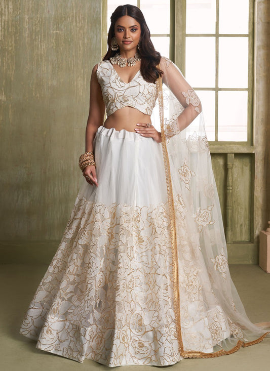 Embroidered Net Off White Lehenga - L3308