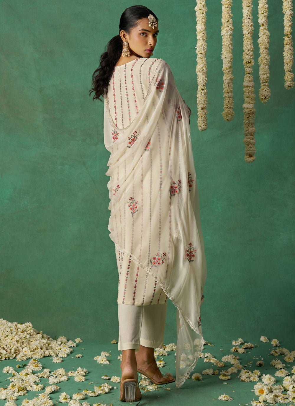 Pant Style Suit Embroidered Off White Organza T5778