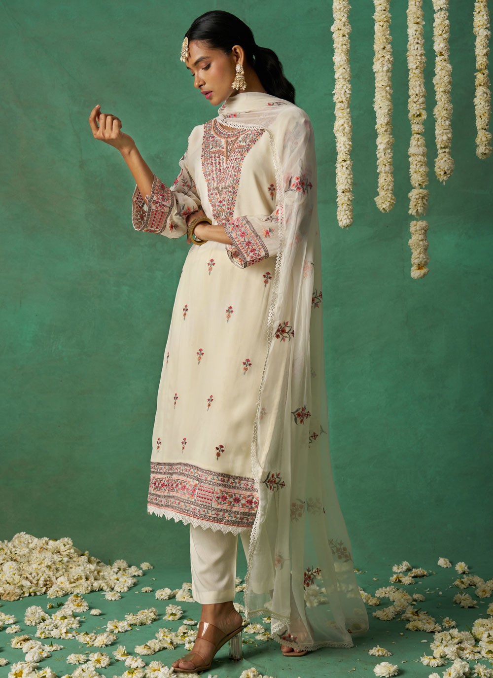 Pant Style Suit Embroidered Off White Organza T5778
