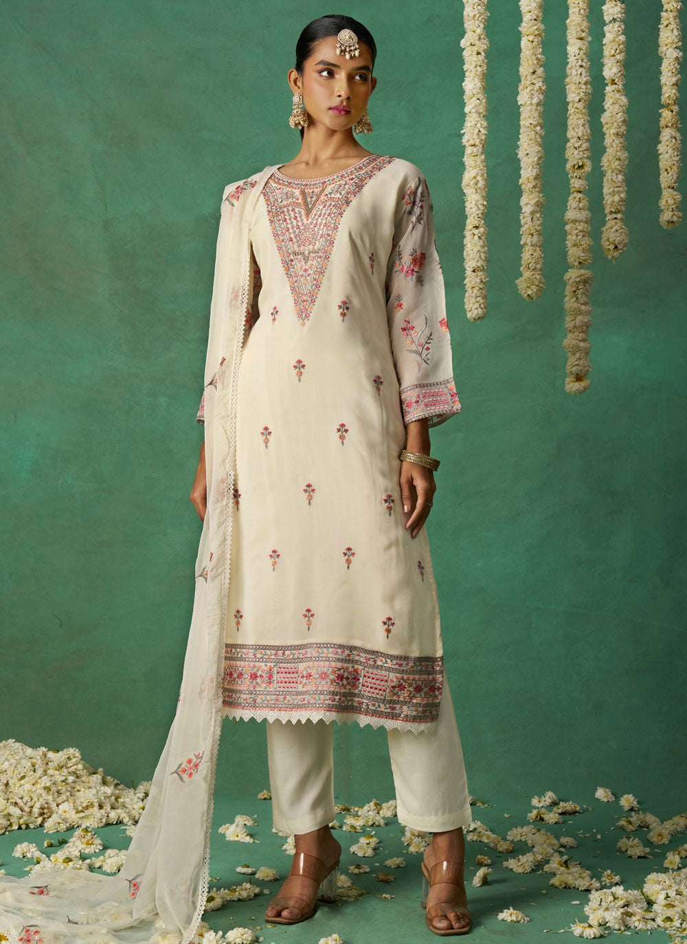 Pant Style Suit Embroidered Off White Organza T5778