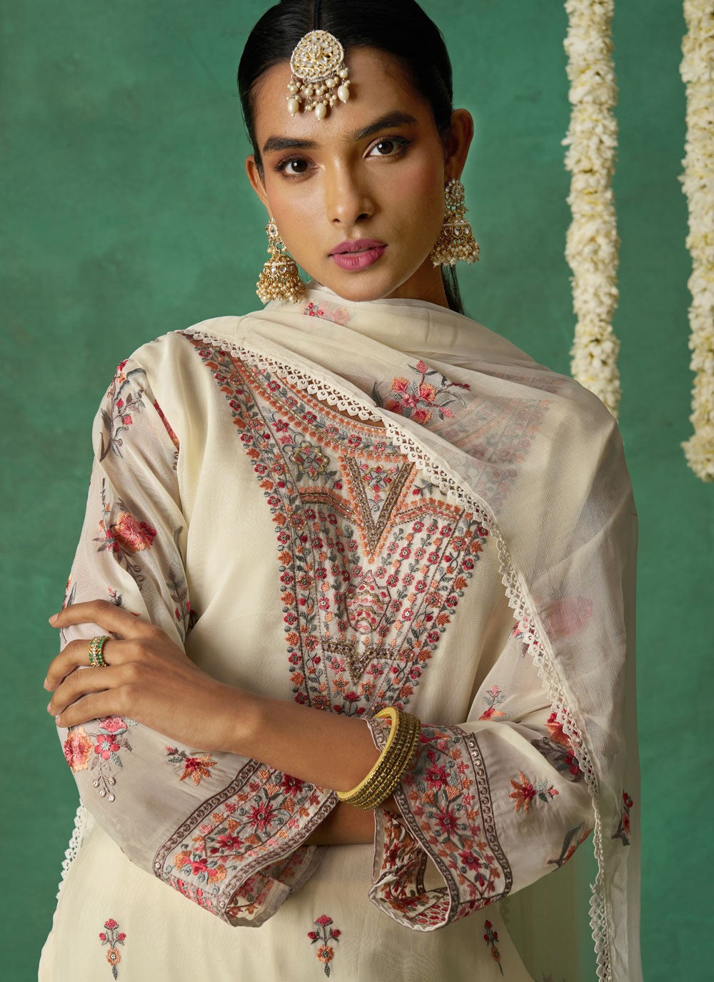 Pant Style Suit Embroidered Off White Organza T5778