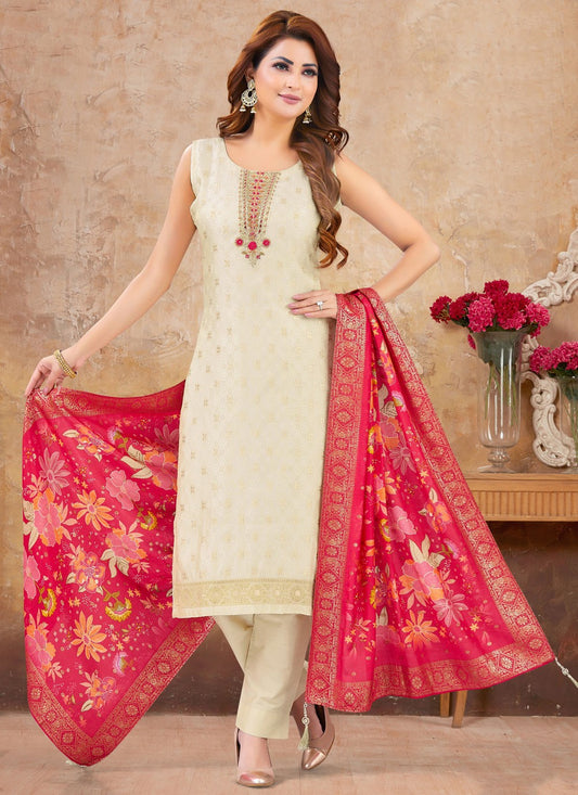 Pant Style Suit Embroidered, Zari Off White T7981