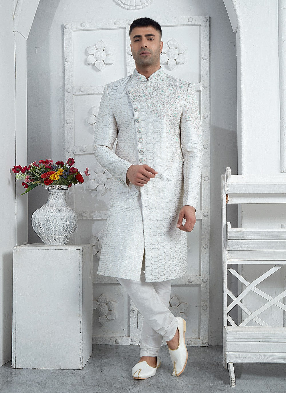 Embroidered Art Silk Off White Sherwani - M7452