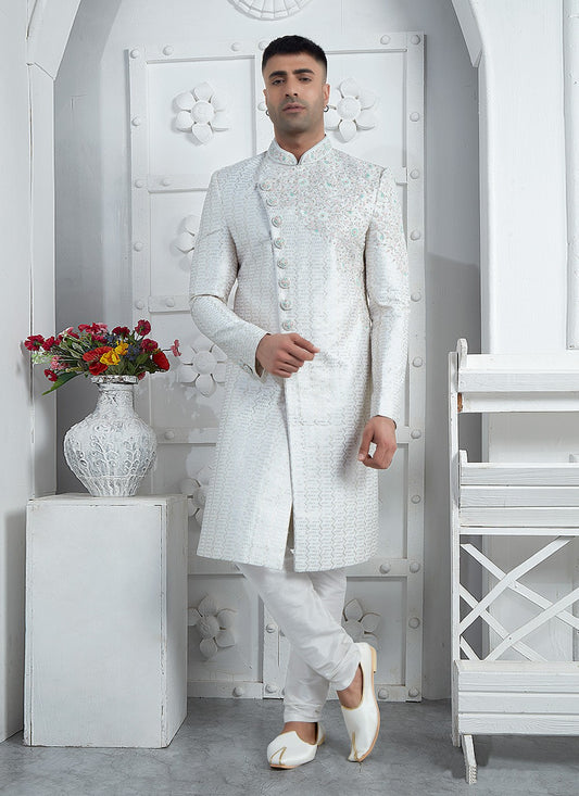 Embroidered Art Silk Off White Sherwani - M7452