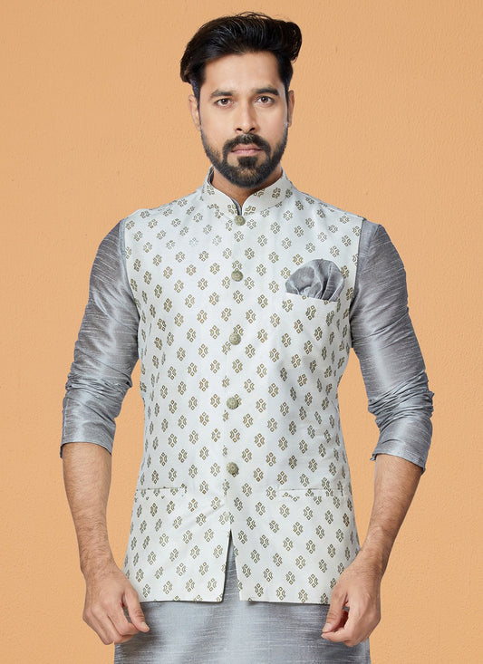 Printed Banarasi Silk Off White Nehru Jackets - M7492