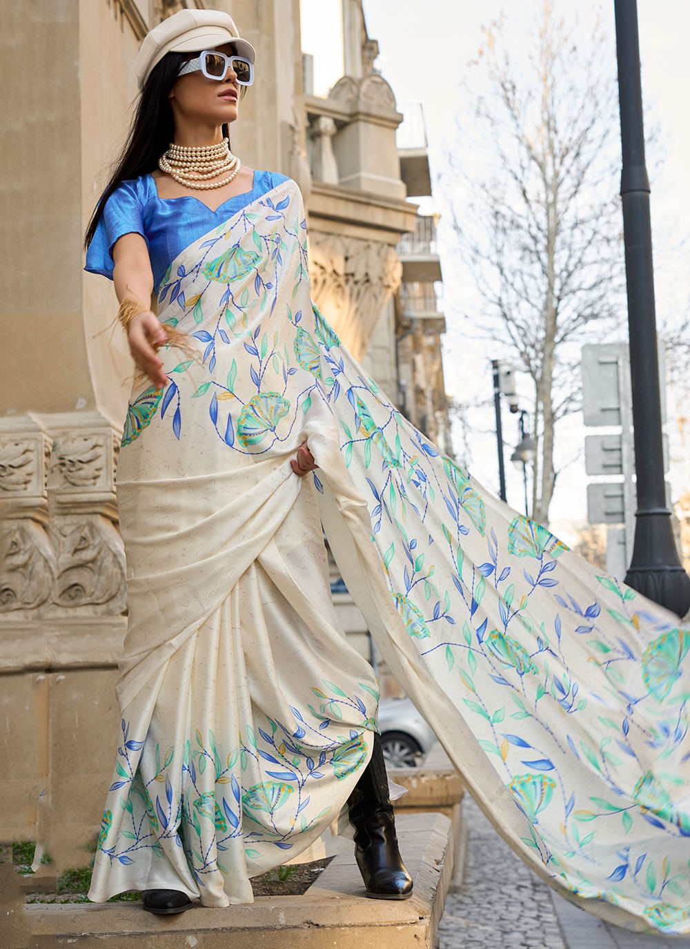 Classic Printed Faux Crepe, Satin Saree - S6040