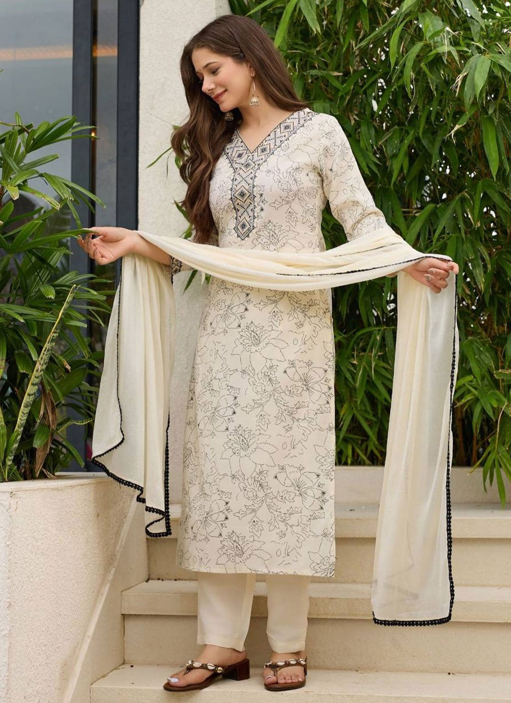 Pant Style Suit Embroidered, Printed Off White T8313