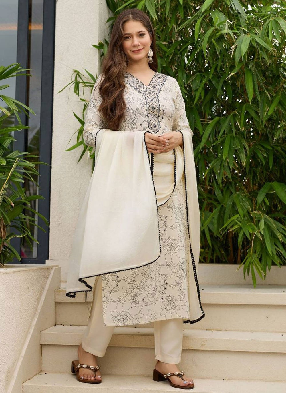 Pant Style Suit Embroidered, Printed Off White T8313