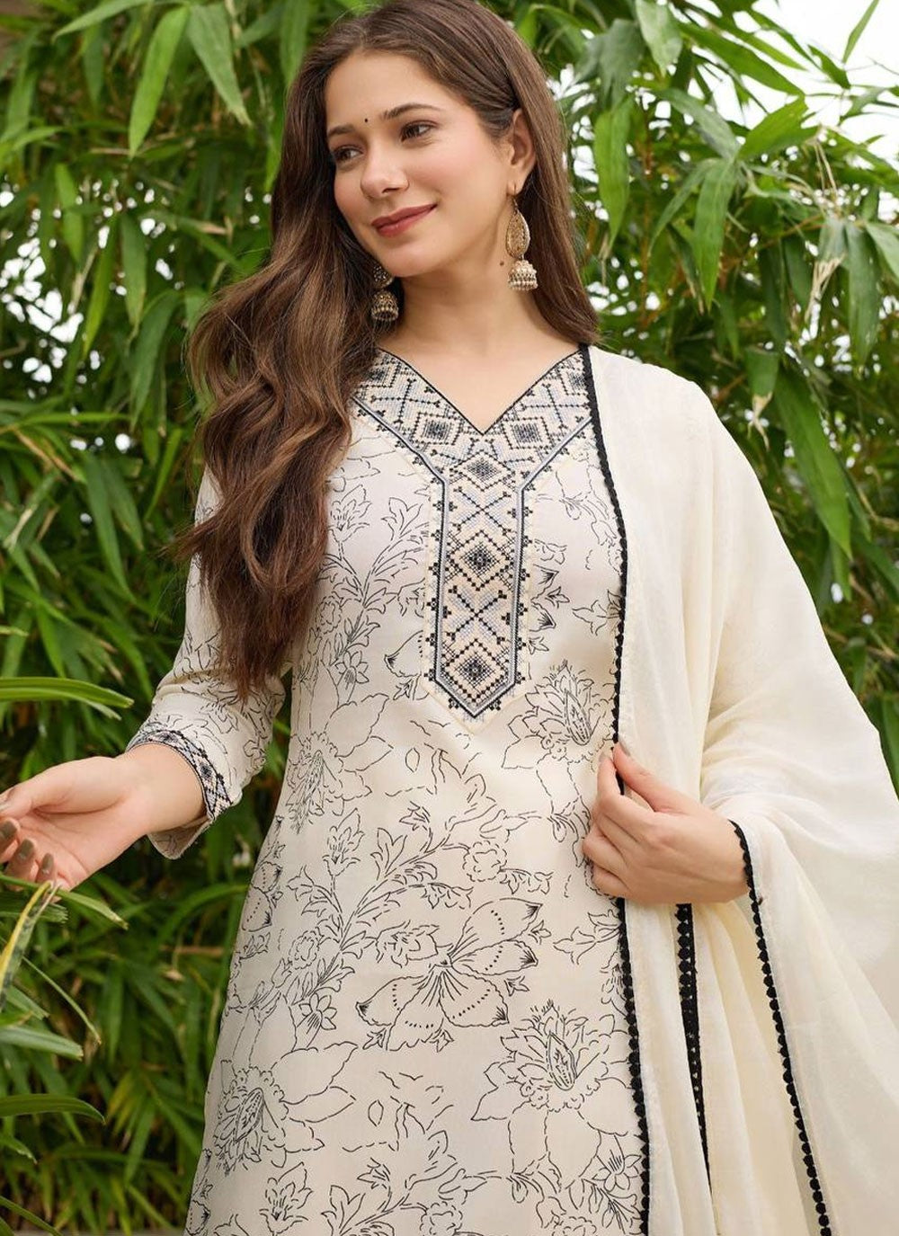 Pant Style Suit Embroidered, Printed Off White T8313