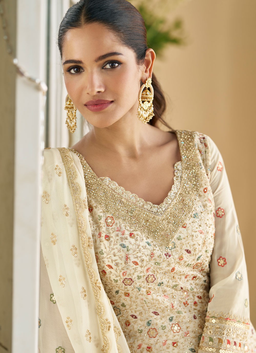 Embroidered Georgette Off White Palazzo Suit T6364