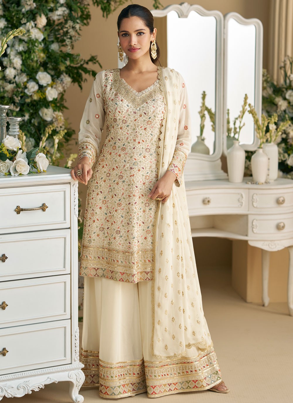 Embroidered Georgette Off White Palazzo Suit T6364