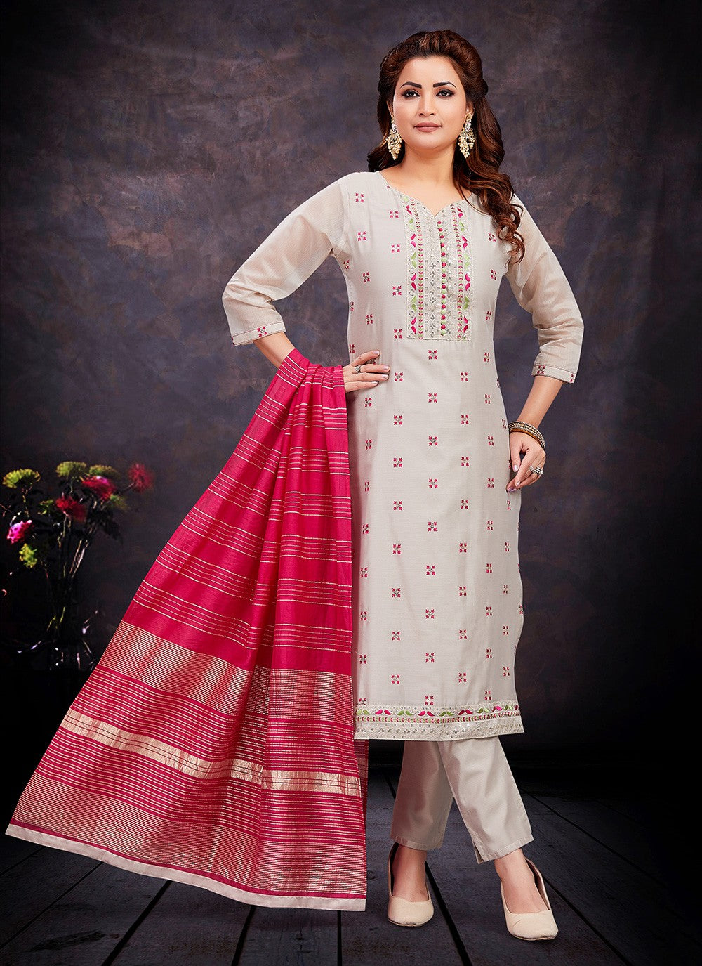 Pant Style Suit Embroidered Off White T8008