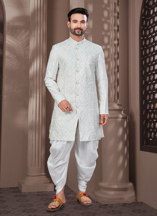 Machine Embroidery Silk Off White Sherwani - M8618