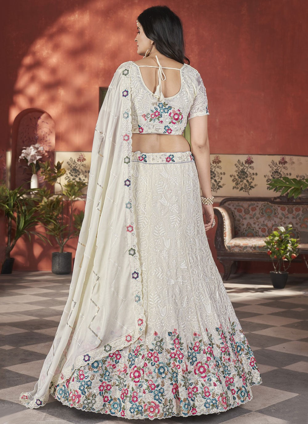Floral Printed Chinon Off White Lehenga - L3295