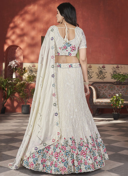 Floral Printed Chinon Off White Lehenga - L3295