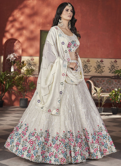 Floral Printed Chinon Off White Lehenga - L3295