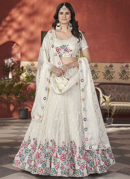 Floral Printed Chinon Off White Lehenga - L3295
