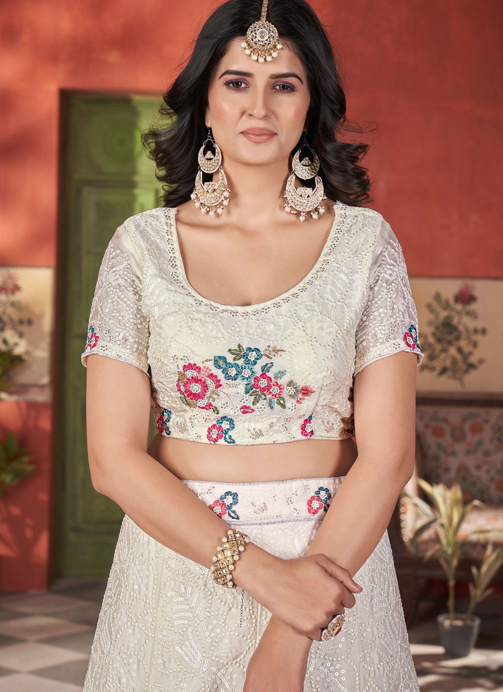 Floral Printed Chinon Off White Lehenga - L3295