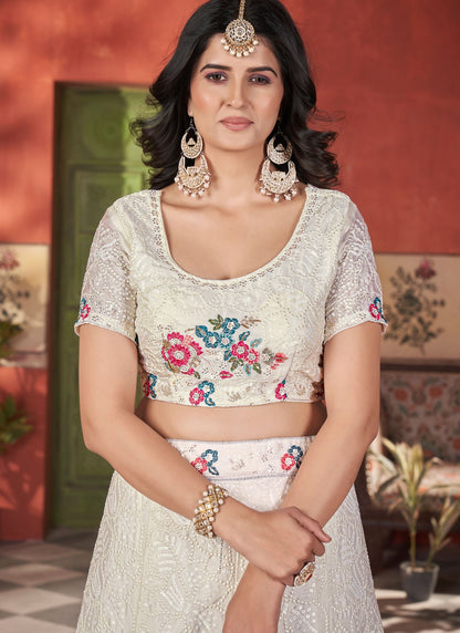 Floral Printed Chinon Off White Lehenga - L3295