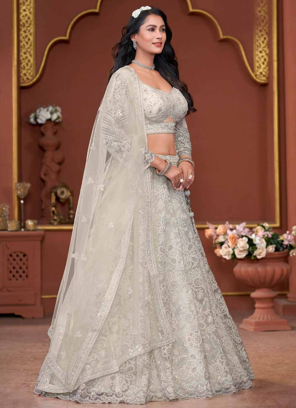 Embroidered Net Off White Lehenga - L3323