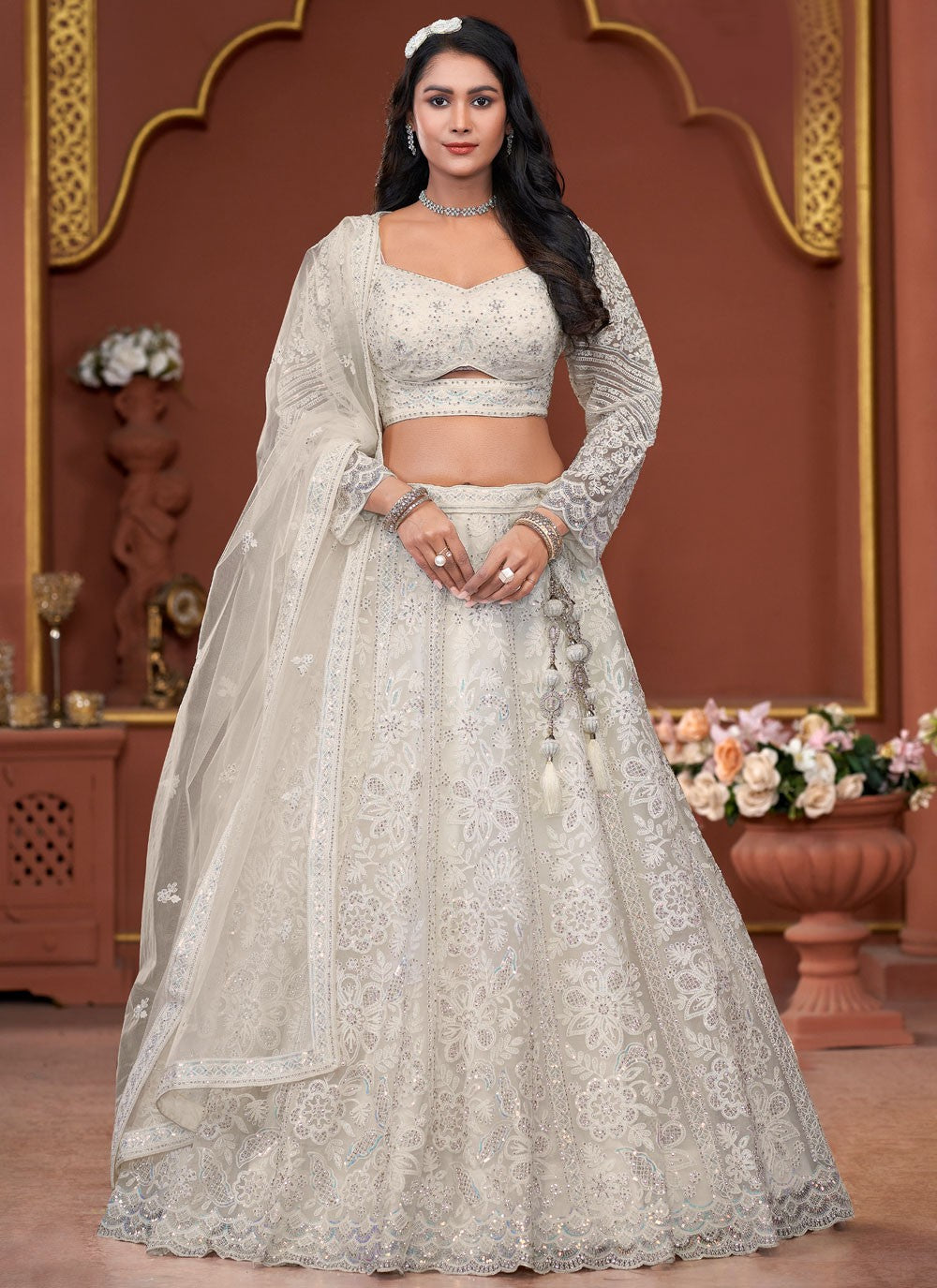 Embroidered Net Off White Lehenga - L3323