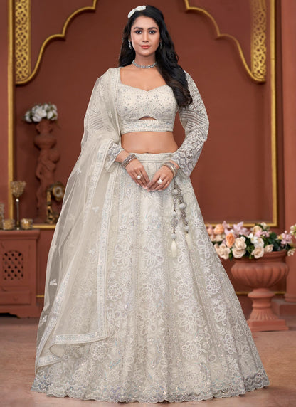 Embroidered Net Off White Lehenga - L3323