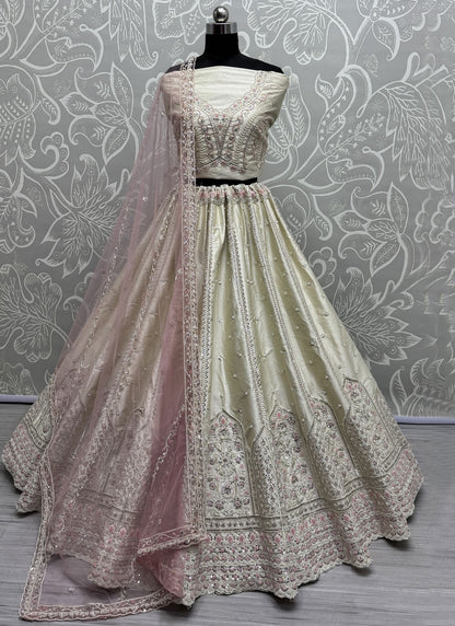 Beads Silk Off White Lehenga - L3419