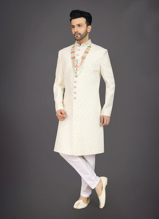 Embroidered Silk Off White Sherwani - M7974