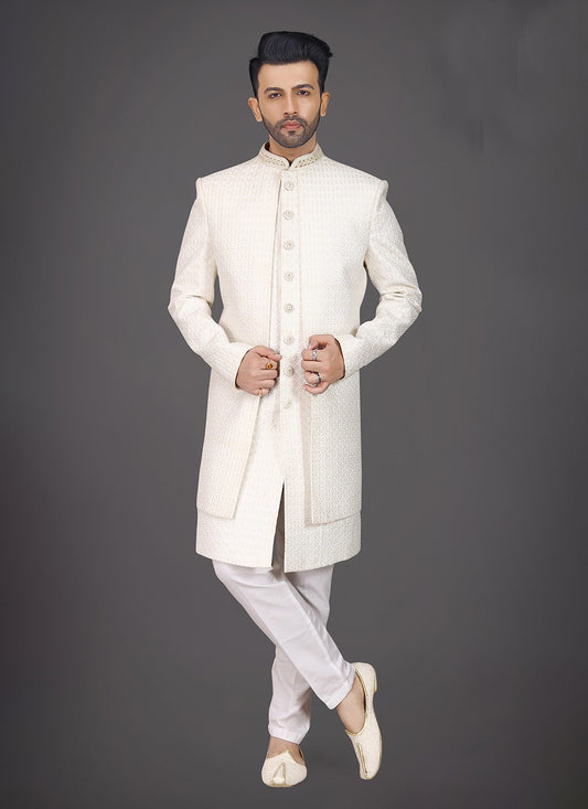 Embroidered Silk Off White Sherwani - M7975