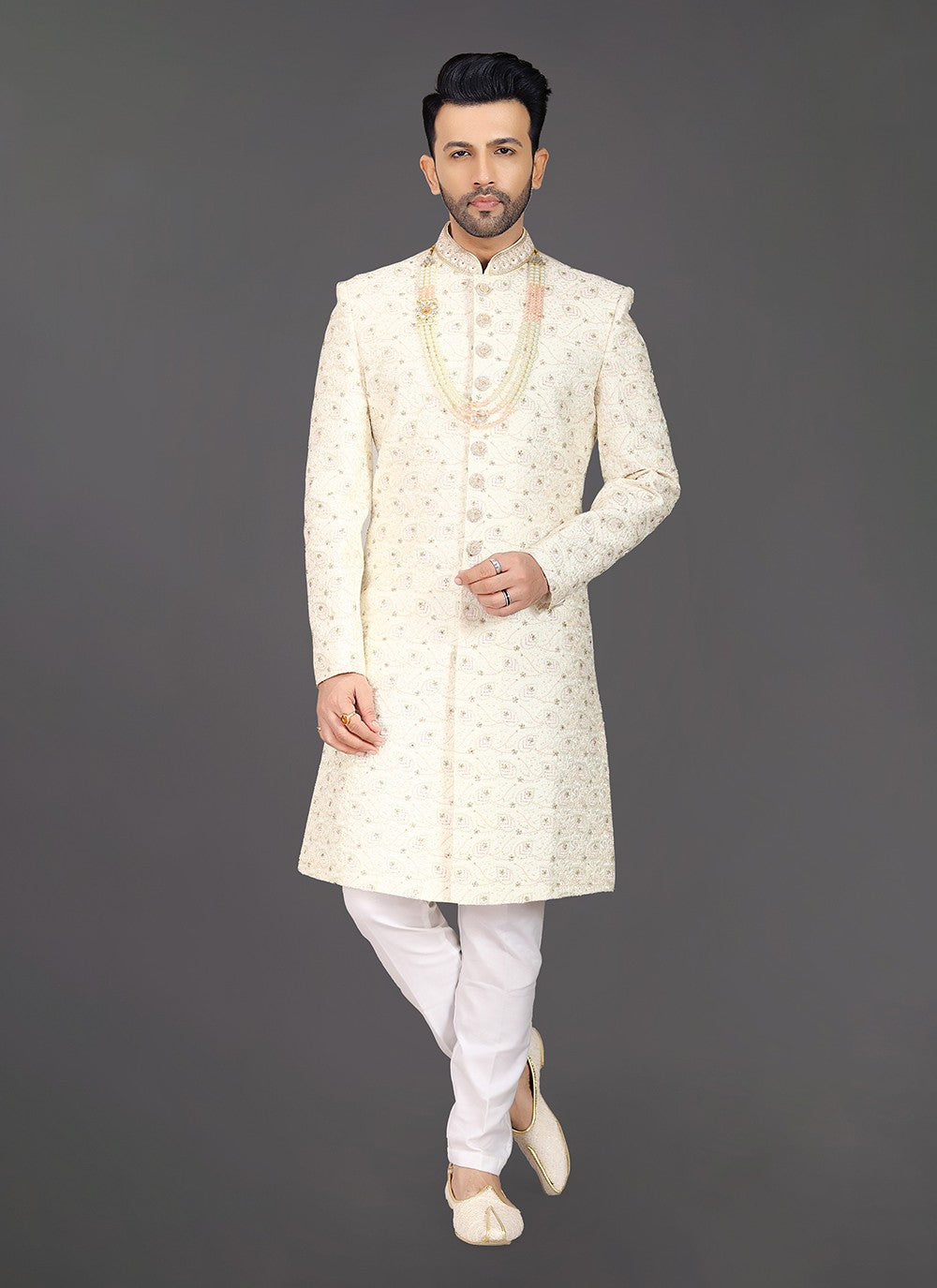 Embroidered Silk Off White Sherwani - M8013