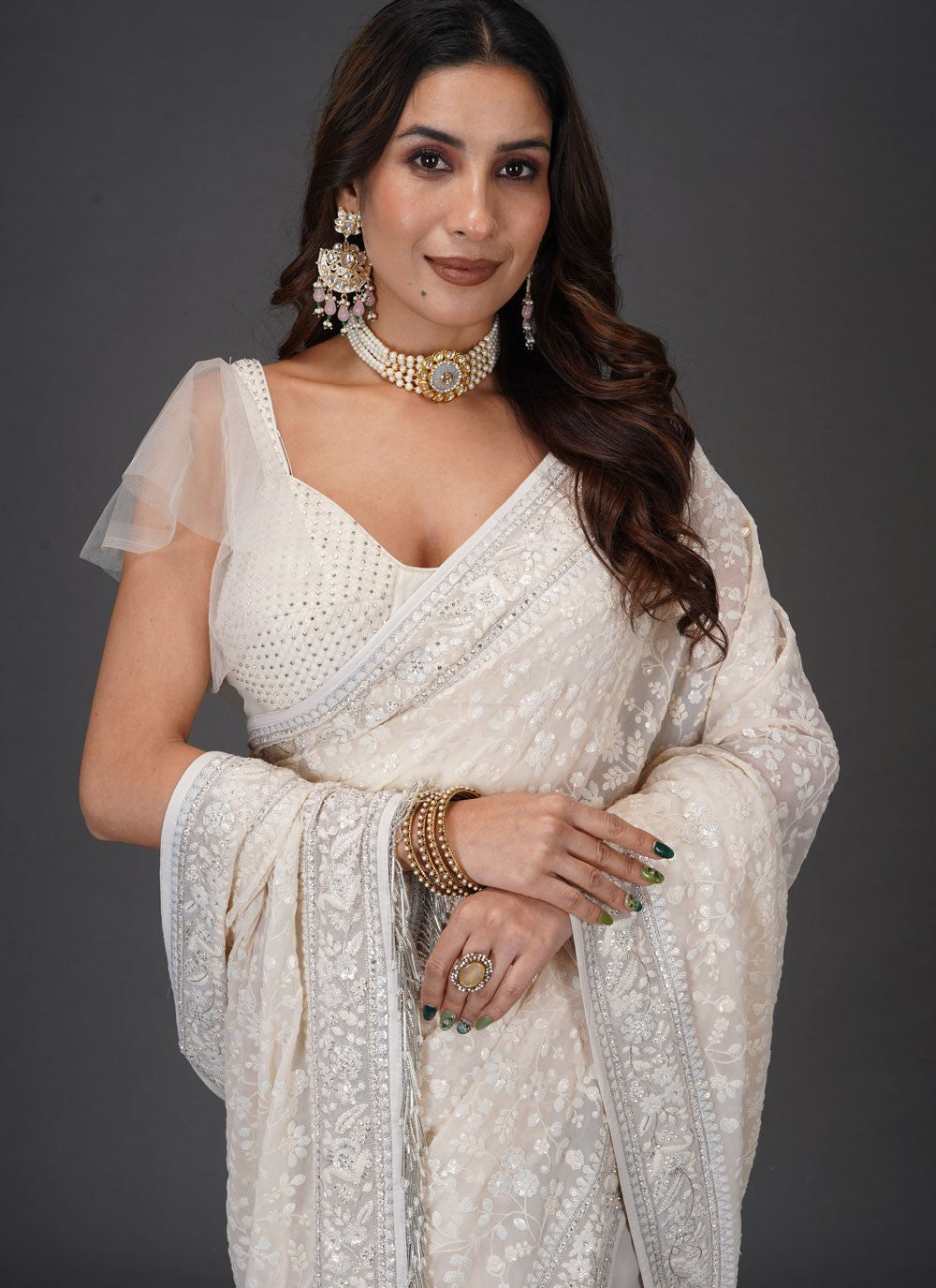 Embroidered Georgette Off White Classic Saree S15475