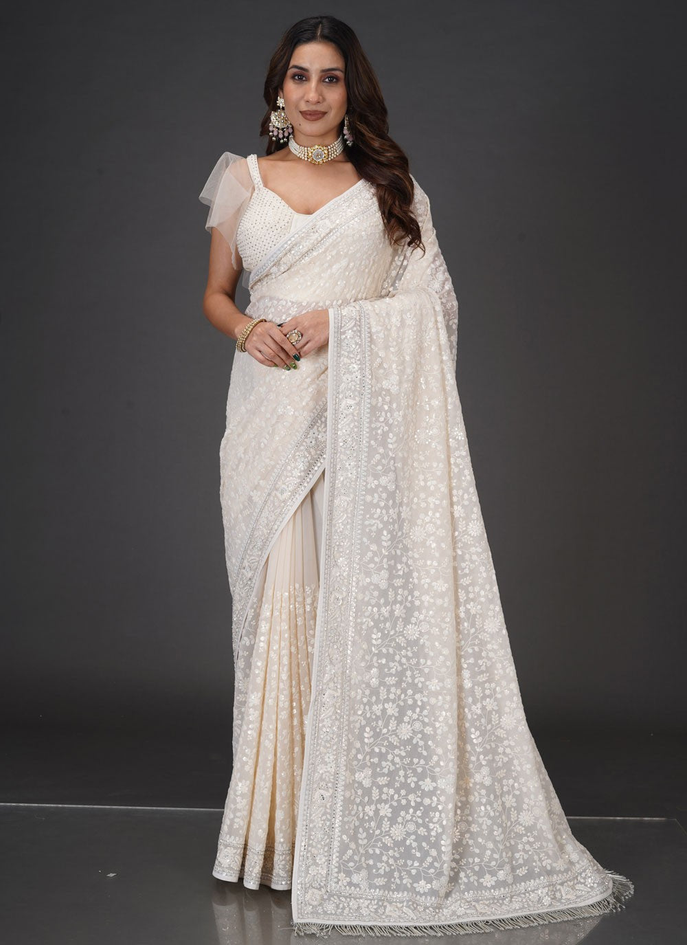 Embroidered Georgette Off White Classic Saree S15475