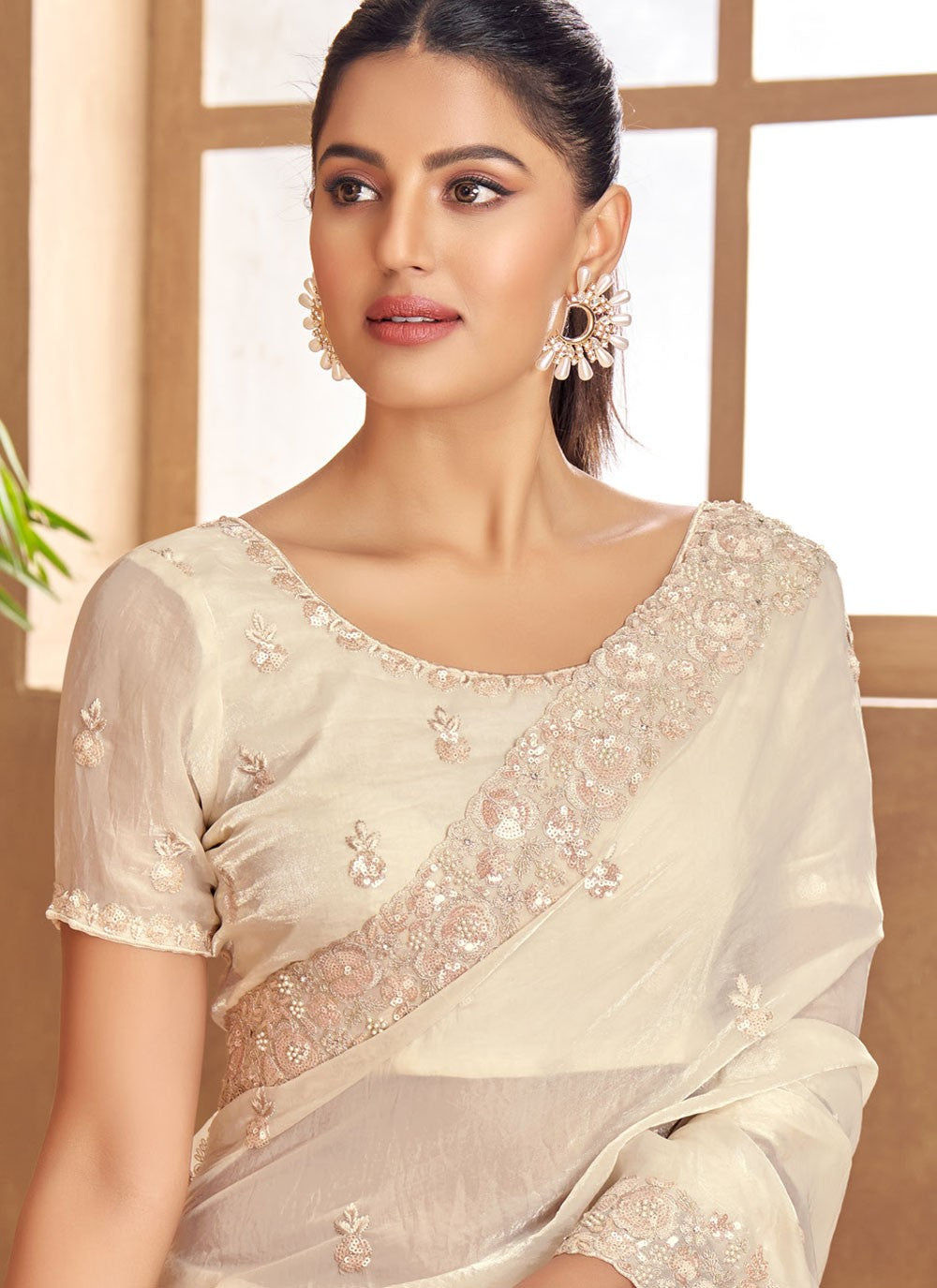 Trendy Saree Cut Work Off White Satin Saree S13356