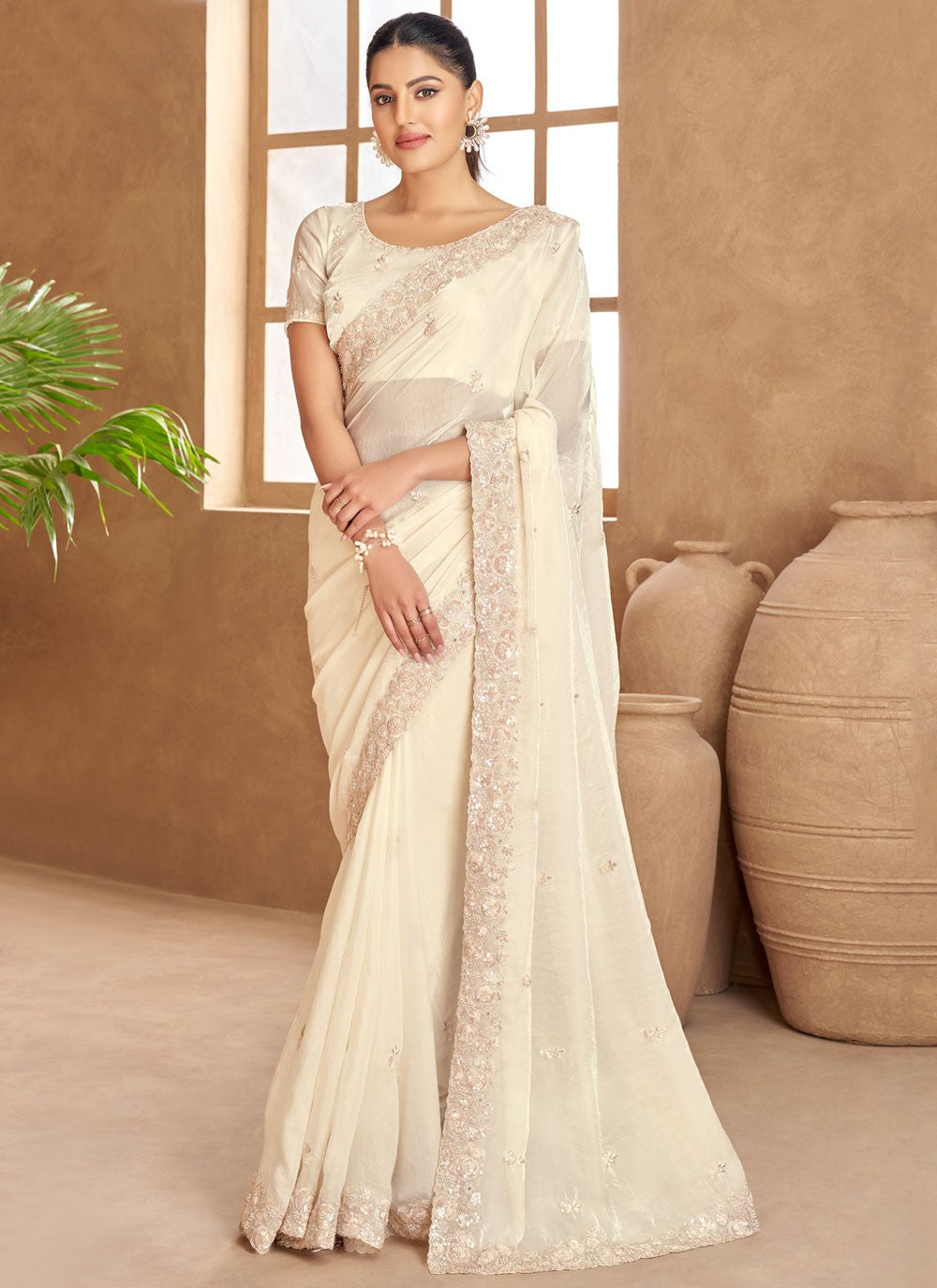 Trendy Saree Cut Work Off White Satin Saree S13356