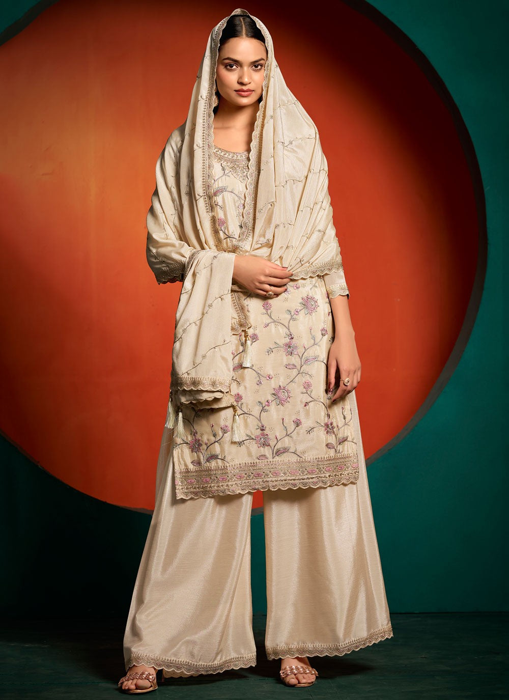 Palazzo Suit Embroidered, Thread, Zari Off White T7387
