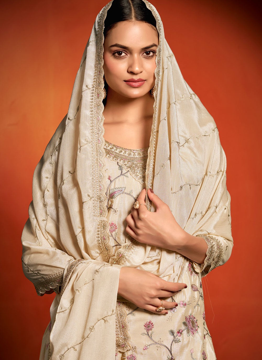 Palazzo Suit Embroidered, Thread, Zari Off White T7387