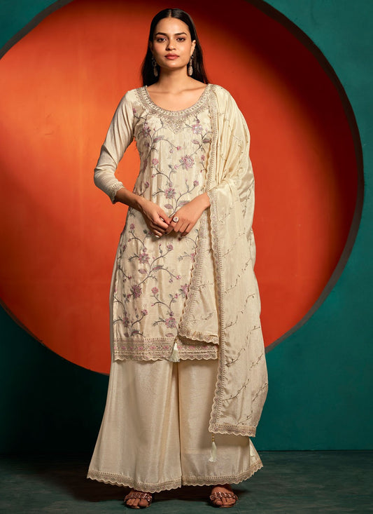 Palazzo Suit Embroidered, Thread, Zari Off White T7387