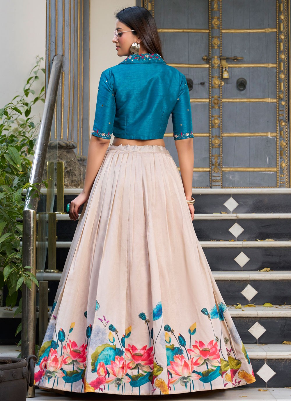 Floral Printed Tussar Silk Off White Lehenga Choli L3745