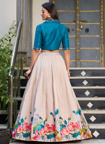 Floral Printed Tussar Silk Off White Lehenga Choli L3745