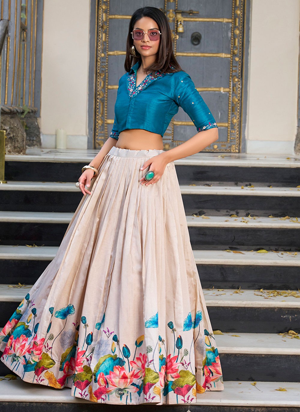 Floral Printed Tussar Silk Off White Lehenga Choli L3745