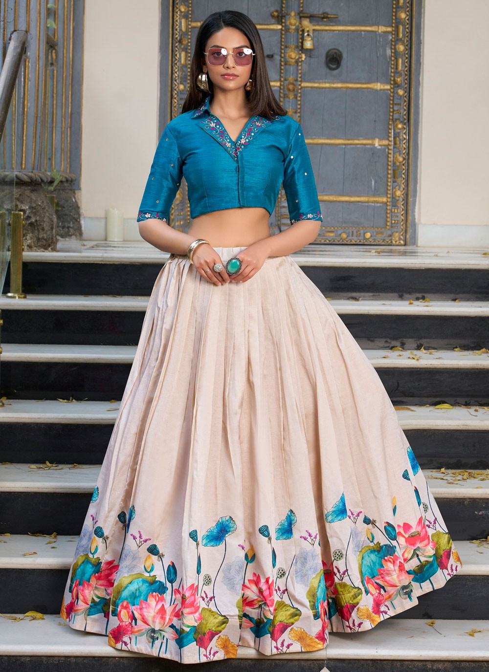 Floral Printed Tussar Silk Off White Lehenga Choli L3745