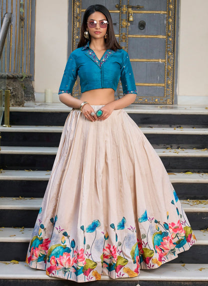 Floral Printed Tussar Silk Off White Lehenga Choli L3745