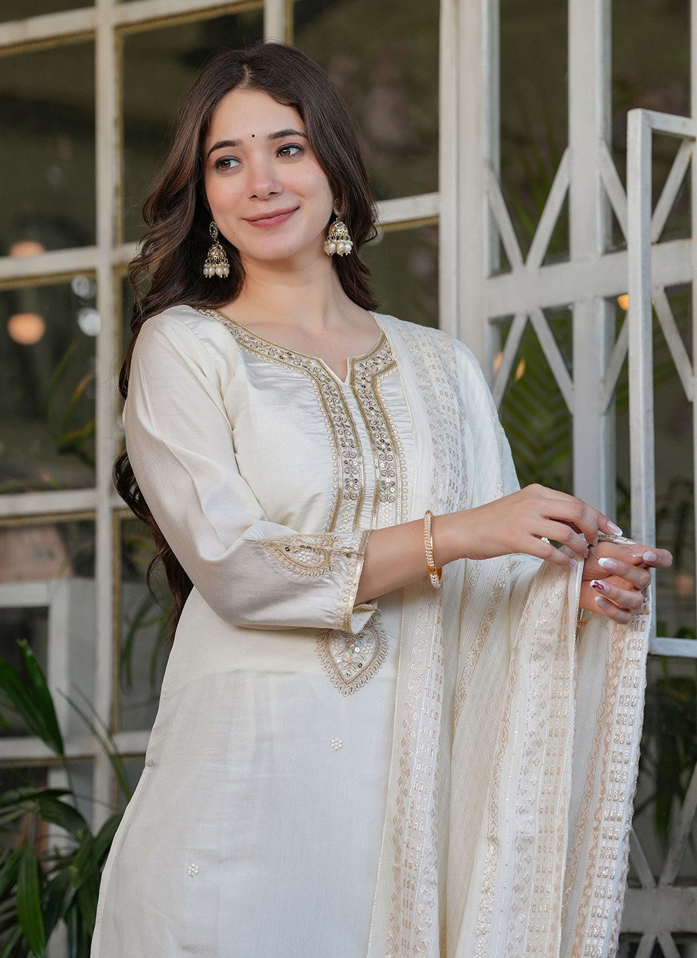 Embroidered Chanderi Off White Salwar Suit T6083
