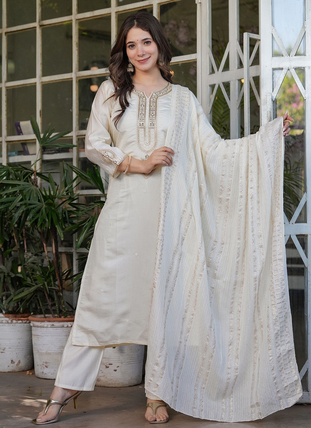 Embroidered Chanderi Off White Salwar Suit T6083